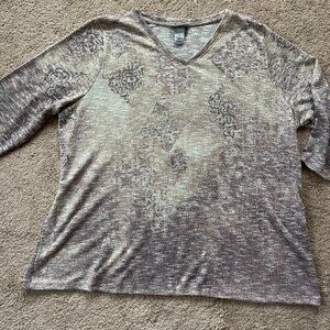 Catherine's PLUS 2X Mauve/Gold Bohemian Print Long Sleeve Lightweight Knit Top
